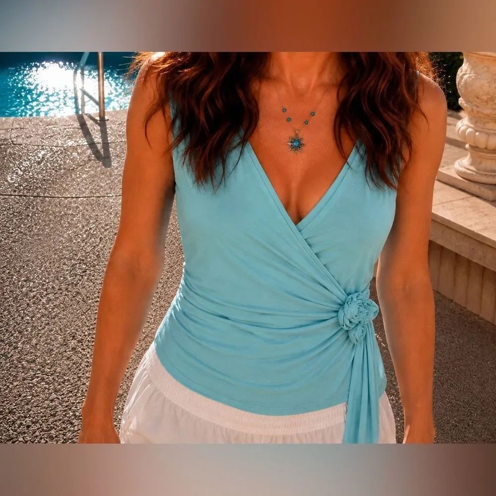 NWT *Tiffany-Blue* Boston Proper Faux Wrap TOP Sz S